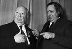 Alfred Hitchcock (1971) - Photograph of Alfred Hitchcock receiving the Legion of Honour in Paris from Henri Langlois, taken in January 1971.