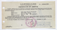 American Citizenship Papers for Alma Reville 1 - Photograph of Alma Reville's US ''Certificate of Arrival'', dated 2 December 1947.